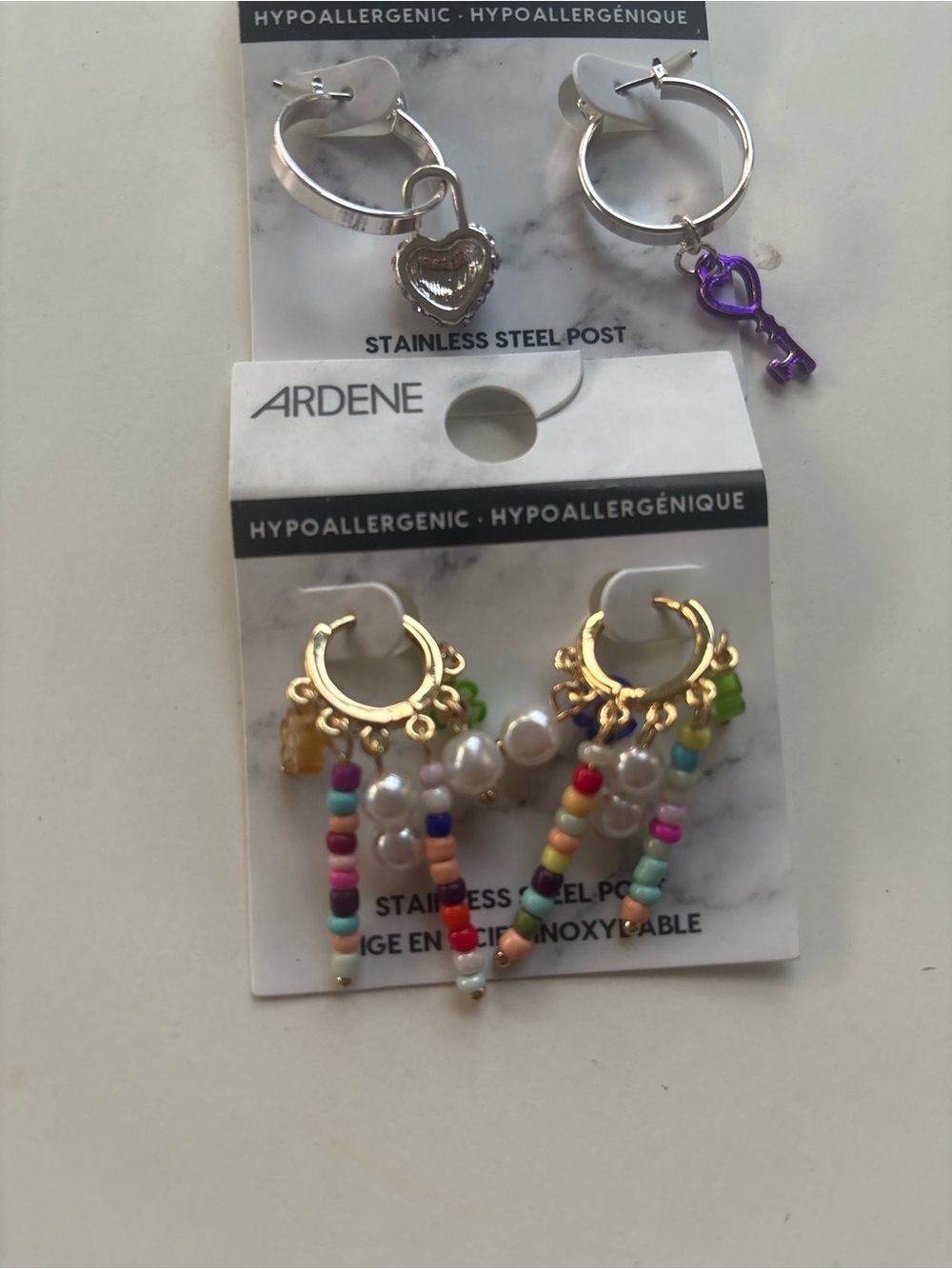 Ardene Gold Hoop Earrings with Multicolor Beads and Pearls